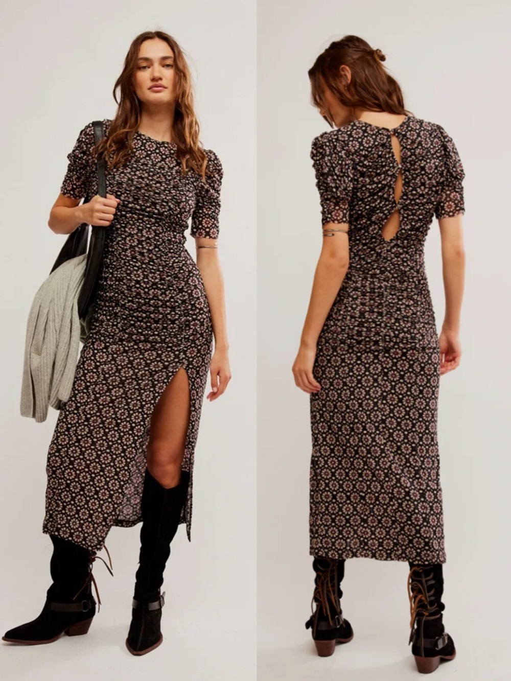 NWT Free People Briella Ruched Black Purple Floral Combo‎ Mesh Boho Midi Dress